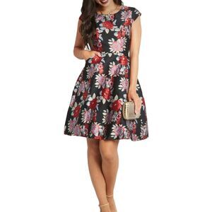 New ModCloth Yumi Black Floral Tapestry Dress Pink Red Roses‎  Sz 4